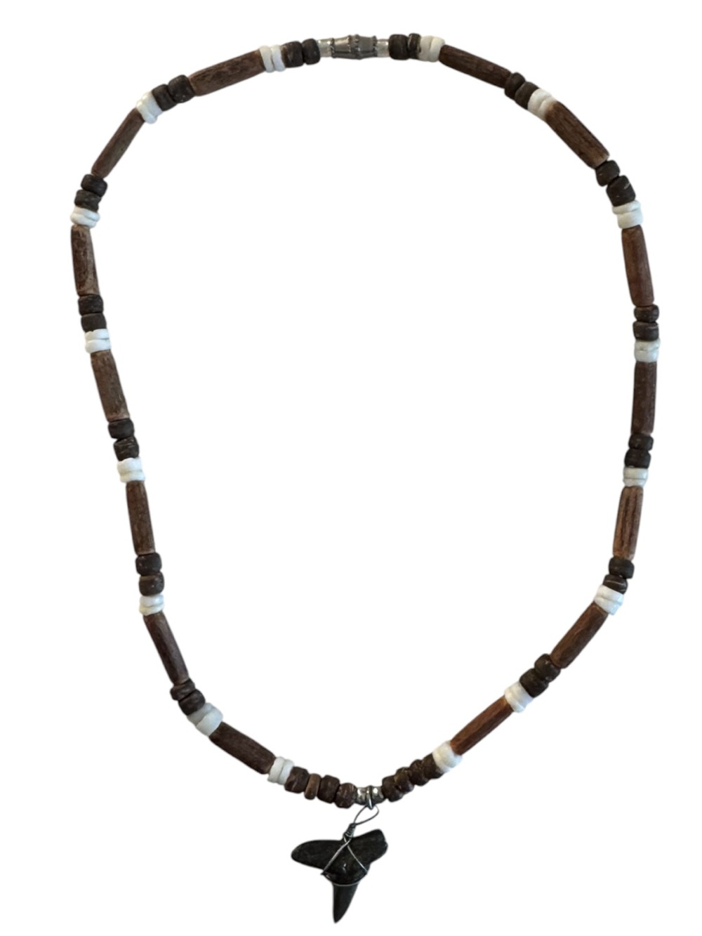 Brown and White Beaded Necklace with Shark Tooth Pendant